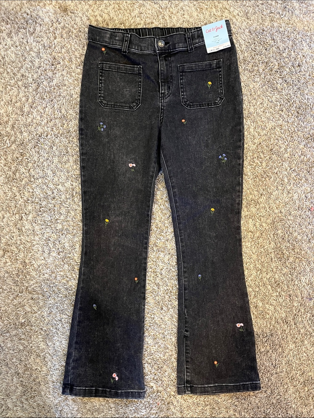 Cat & Jack Black Flare Jeans with Tiny Floral Embroidery